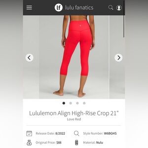 Lululemon Athletica Love Red High-Rise “21 Crop Leggings